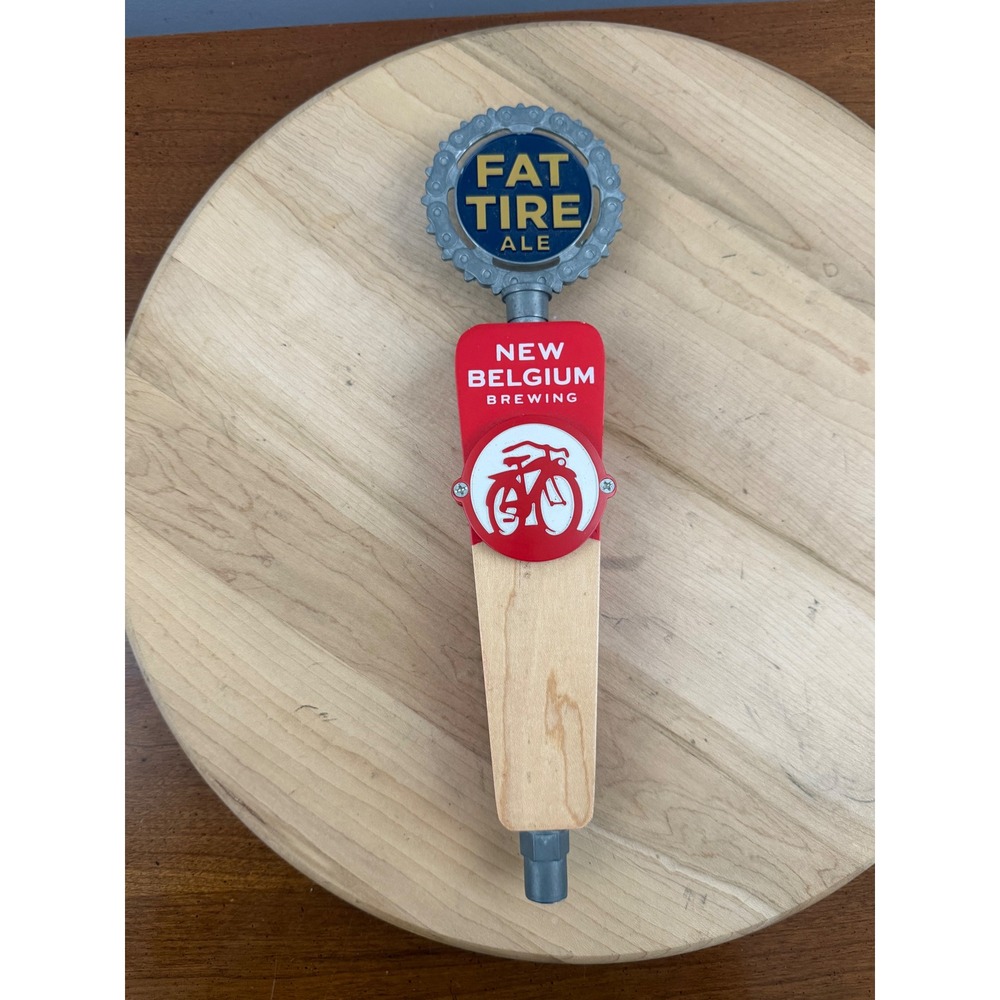 New Belgium Fat Tire Ale Beer Tap Handle Bicycle Chain Gear Topper Wood Red Bike